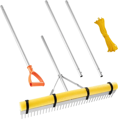 VEVOR Landscape Rake, 36 inch Wide Head 102 inch Handle, Large Heavy Duty Aluminum Landscaping Leaf Rake Tool, Asphalt Level for Loosening Soil, Garden & Yard, Pond Gravel & Beach Lawn Care, 52ft Rope