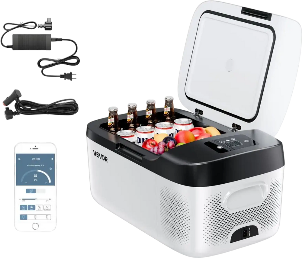 VEVOR Car Refrigerator, DC 12/24V AC100-240V Compressor Electric Cooler, -4°F to 68°F Car Fridge with APP Control, 16 QT Cars Freezer for RVs, Campsites, Boats, Camping, Fishing, 60W Portable Freezer