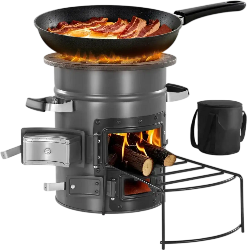 VEVOR Camping Rocket Stove, Wood Burning Portable Rocket Stove with Carrying Bag for Backpacking, SPCC Steel, Double Door, Burn Twigs, Sticks or Charcoals for Outdoor Cooking, Backyard, Camp Cooking