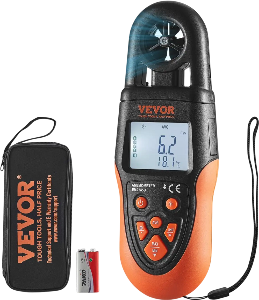 VEVOR Bluetooth Portable Anemometer, Temperature Range 14℉-140℉, Digital Device for Measuring Wind Speed, Temperature, Air Flow, and Wind Chill, Equipped with LED Backlit Display, Ideal for Surfing