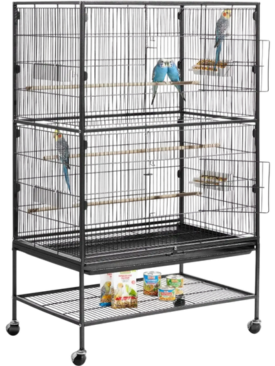 VEVOR Bird Cage, 31.5 x 20.5 x 52 inch, Flat Top, Wrought Iron Bird Flight Cage with Perches, Slide-Out Tray and Plastic Feeders, Casters, for Parrot, Blue Tit, Cockatiel, Canary, and Monk Parakeet