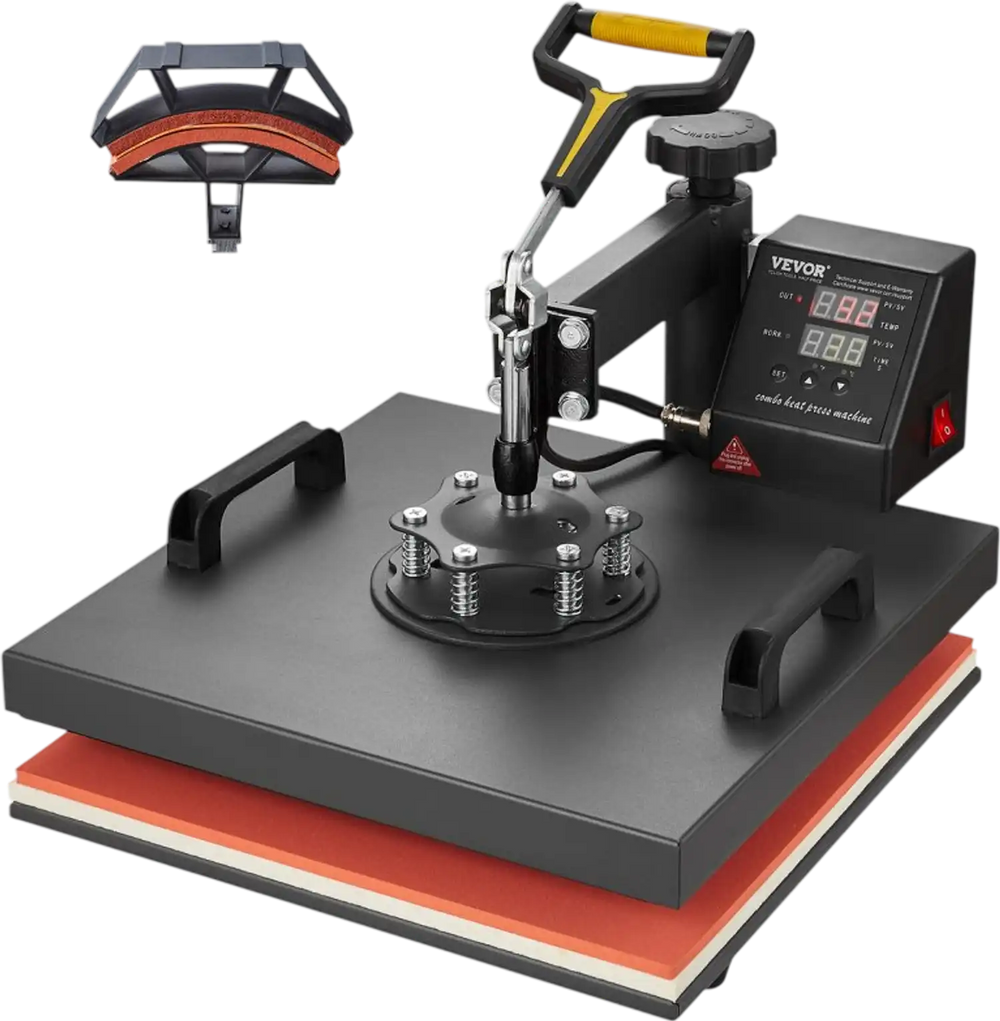 VEVOR Heat Press Machine 15 x 15 Inch 2 in 1 Heat Transfer Machine Black, for T-Shirts/Hats/Caps, with Hat Press, 360° Swing Away T-Shirt Pressing, Digital Precise Control, Fast and Even Heating