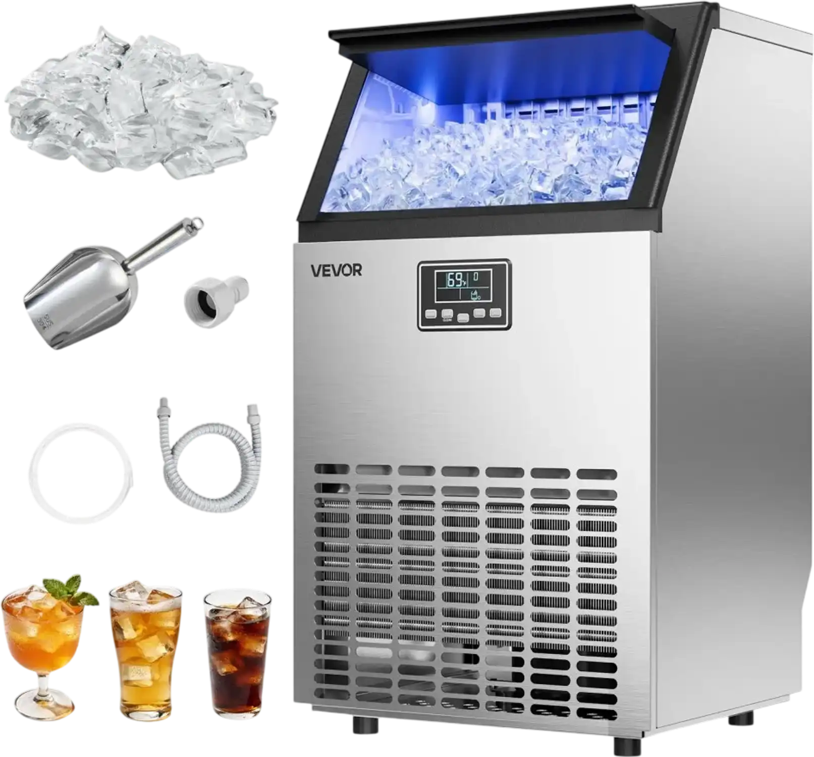 Vevor Ice Maker Commercial Freestanding 100 lbs/24H 26 lbs Bin Stainless Steel New