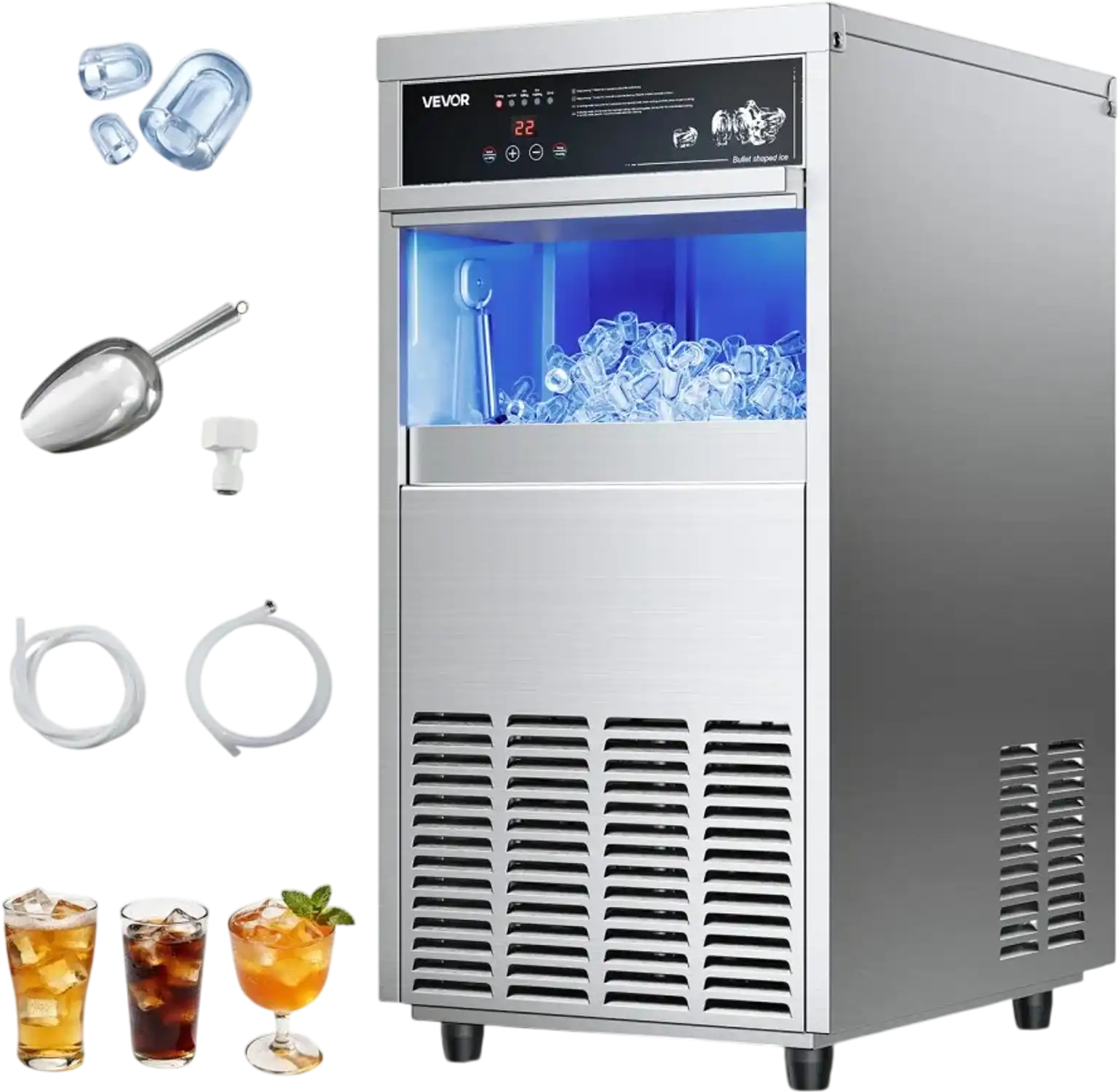 Vevor Ice Maker Commercial 100 lbs/24h Built-In Freestanding Under-Counter Stainless Steel with LED Display Self-Cleaning New