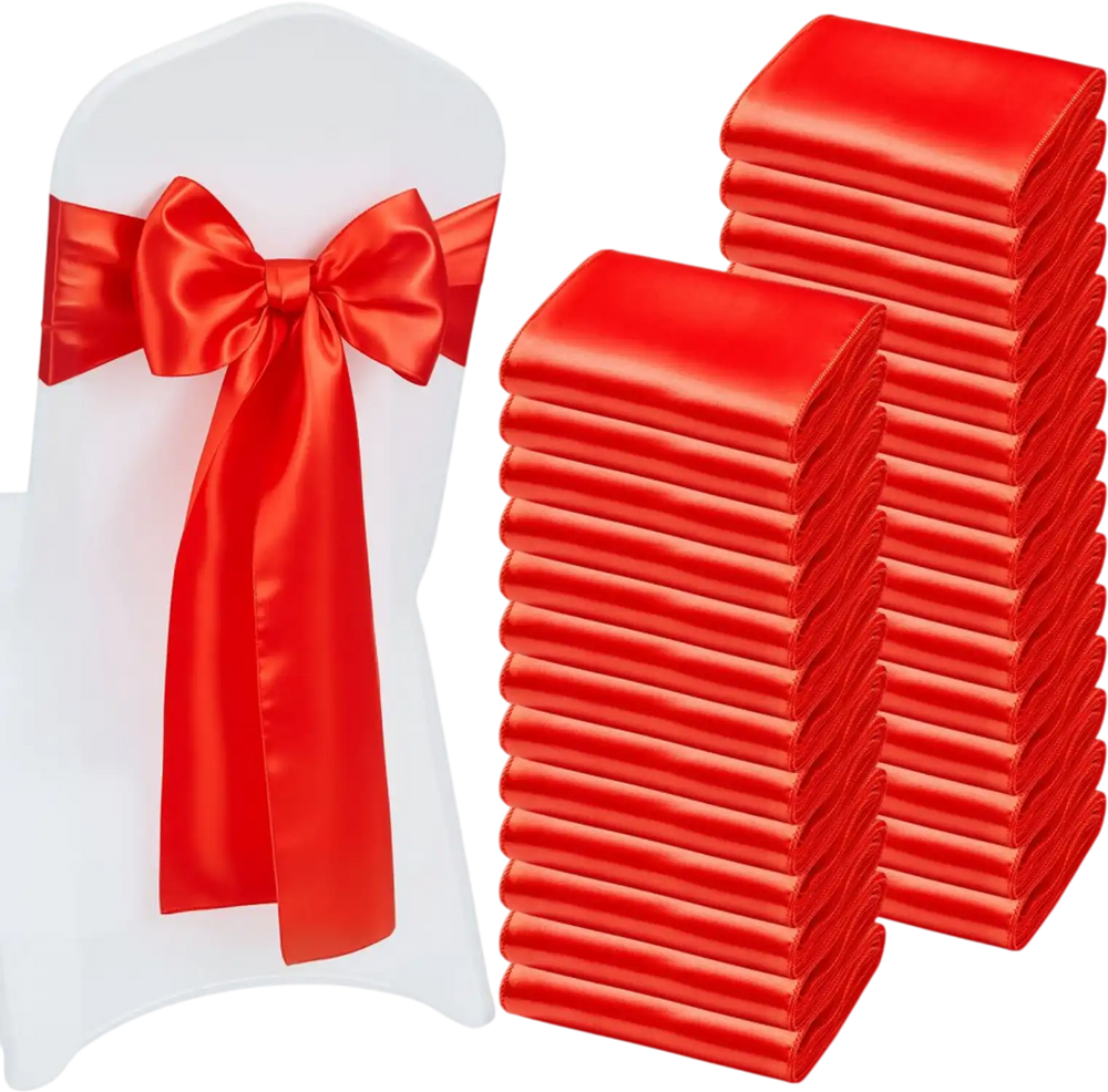 VEVOR Satin Chair Sashes Bows, 100PCS Chair Ribbon Ties Back Sash, 7 x 108 inch, Red Wedding Reception Decoration, for Wedding Ceremony Baby Shower Party Events Banquet Chair Cover Decoration