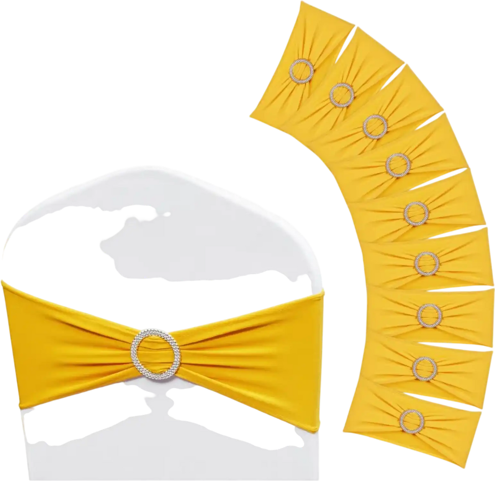 VEVOR Stretch Spandex Chair Sashes, Chair Slipcover and Stretch Chair Sash with Round Buckle, Elastic Chair Bands, Fitting Wedding, Holiday, Banquet, Party Chair Decoration (100 PCS Golden Yellow)