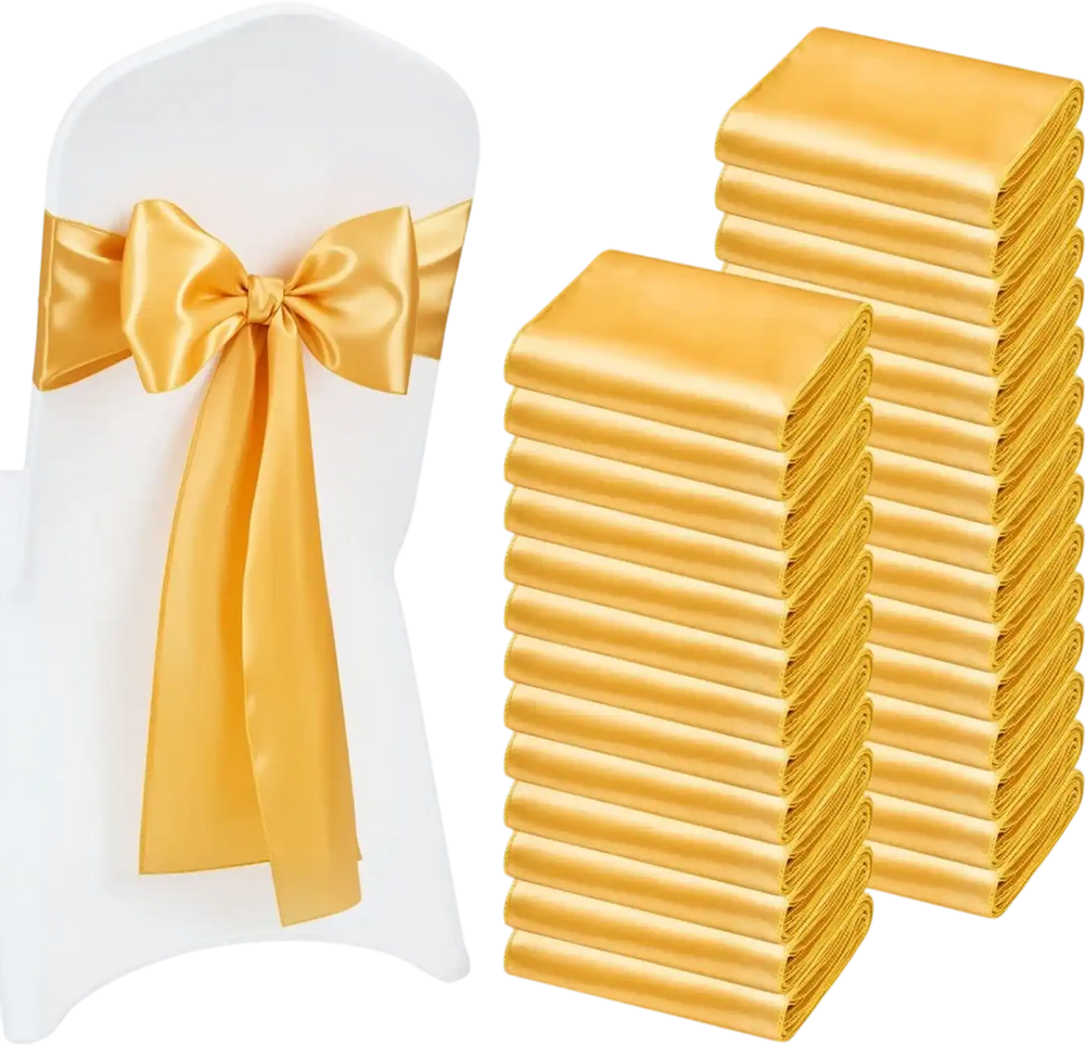 VEVOR Satin Chair Sashes Bows, 100PCS Chair Ribbon Ties Back Sash, 7 x 108 inch, Gold Wedding Reception Decoration, for Wedding Ceremony Baby Shower Party Events Banquet Chair Cover Decoration