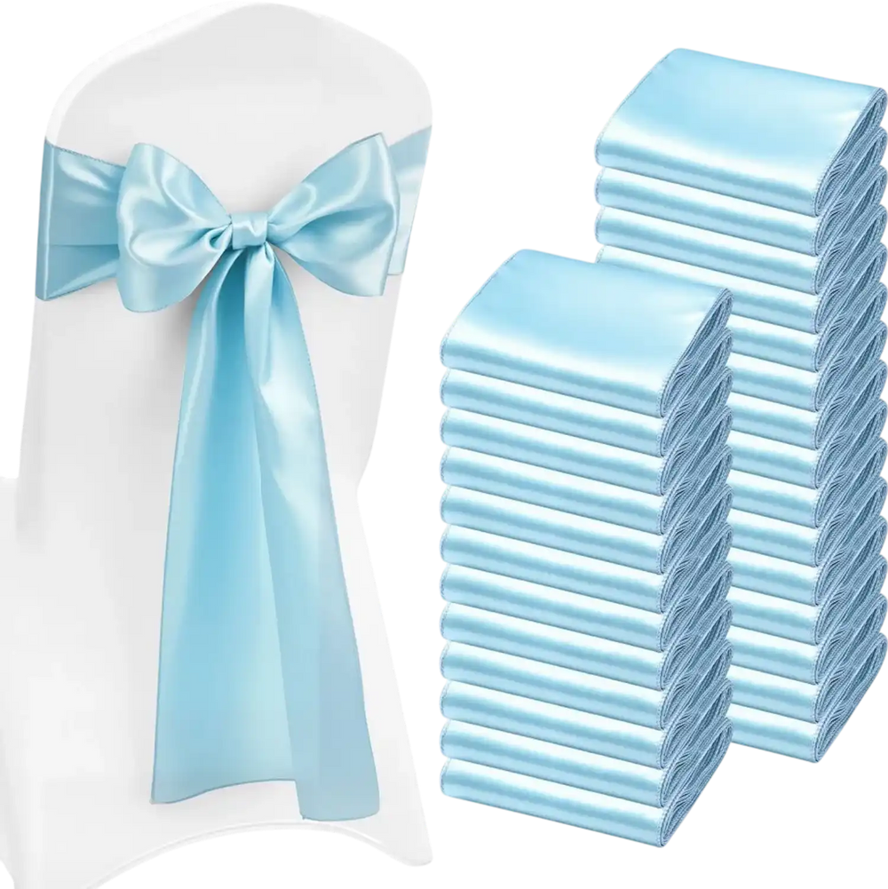 VEVOR Satin Chair Sashes Bows, 100PCS Chair Ribbon Ties Back Sash, 7 x 108 inch, Light Blue Wedding Reception Decoration, for Wedding Ceremony Baby Shower Party Events Banquet Chair Cover Decoration