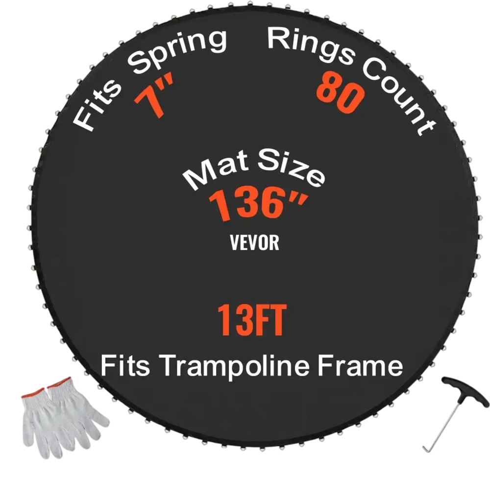 VEVOR Replacement Trampoline Mat, Jumping Mat Fits 13ft Frame, Universal Jumping Mat for 13ft Round Trampoline, Reinforce UV-Resistant Mat with Spring Tool & Durable V-Rings, Fit 7" Spring Length