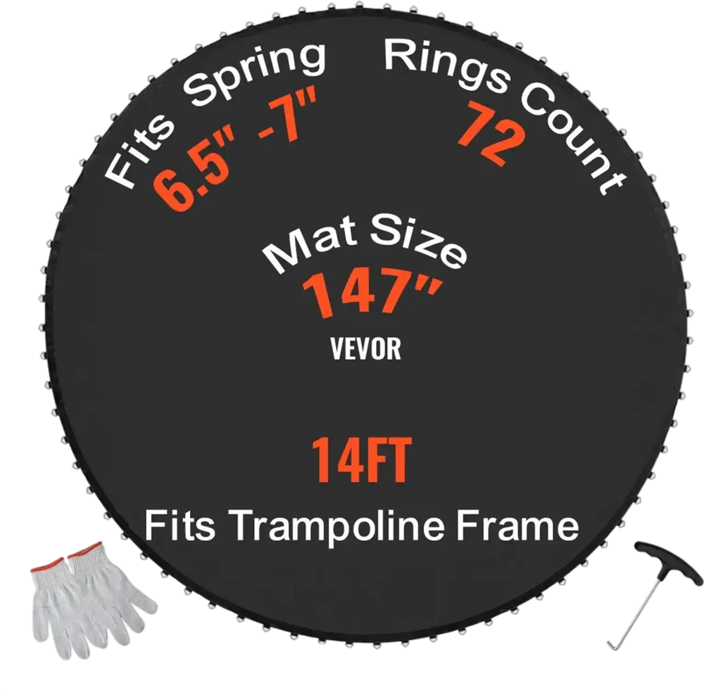 VEVOR Replacement Trampoline Mat, Jumping Mat Fits 14ft Frame, Universal Jumping Mat for 14ft Round Trampoline, Reinforce UV-Resistant Mat with Spring Tool & Durable V-Rings, Fit 6.5"-7" Spring Length