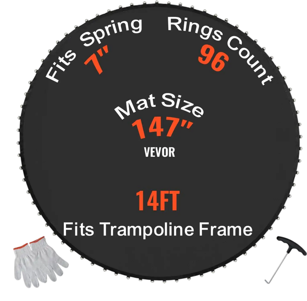 VEVOR Replacement Trampoline Mat, Jumping Mat Fits 14ft Frame, Universal Jumping Mat for 14ft Round Trampoline, Reinforce UV-Resistant Mat with Spring Tool & Durable V-Rings, Fit 7" Spring Length
