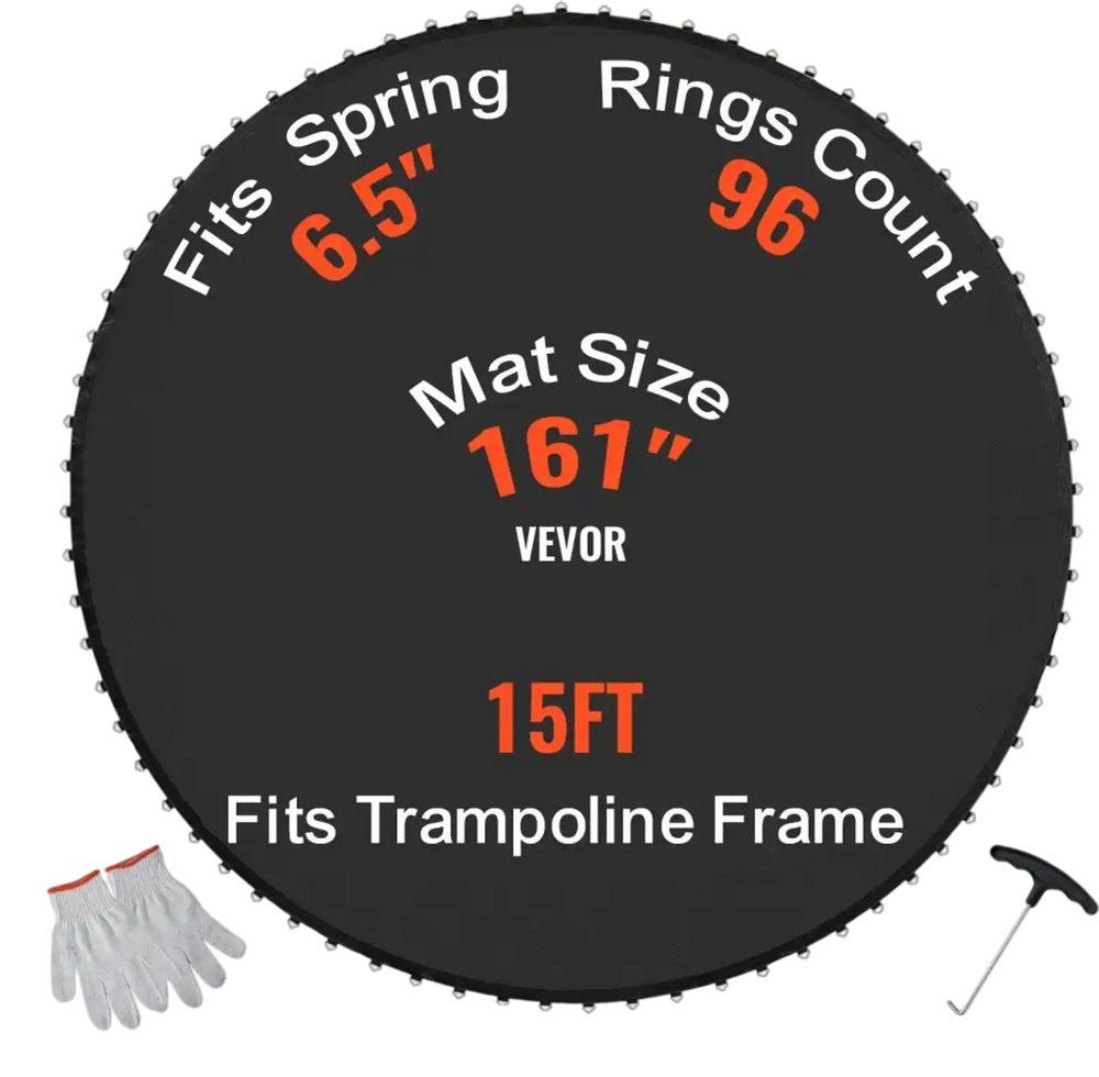 VEVOR Replacement Trampoline Mat, Jumping Mat Fits 15ft Frame, Universal Jumping Mat for 15ft Round Trampoline, Reinforce UV-Resistant Mat with Spring Tool & Durable V-Rings, Fit 6.5" Spring Length