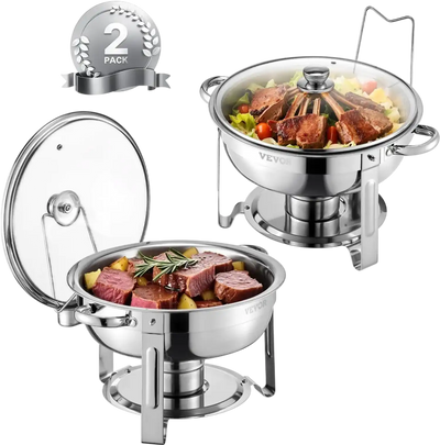 Vevor Chafing Dish Buffet Set 5 Qt 2-Pack Round Stainless Steel Silver New
