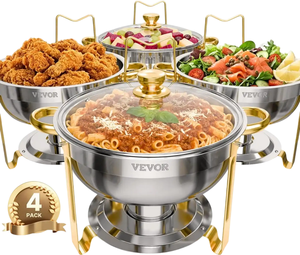 VEVOR Chafing Dish Buffet Set, 5 Qt 4 Pack, Stainless Steel Chafer with 4 Full Size Pan, Round Catering Warmer Server with Glass Lid Water Pan Folding Stand Fuel Holder, for Wedding Party Banquet, Gold
