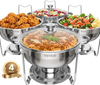 VEVOR Chafing Dish Buffet Set, 5 Qt 4 Pack, Stainless Steel Chafer with 4 Full Size Pan, Round Catering Warmer Server with Glass Lid Water Pan Folding Stand Fuel Holder, for Wedding Party Banquet