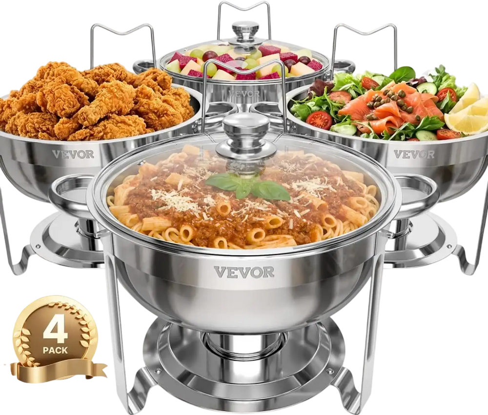 VEVOR Chafing Dish Buffet Set, 5 Qt 4 Pack, Stainless Steel Chafer with 4 Full Size Pan, Round Catering Warmer Server with Glass Lid Water Pan Folding Stand Fuel Holder, for Wedding Party Banquet