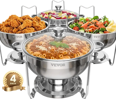 VEVOR Chafing Dish Buffet Set, 5 Qt 4 Pack, Stainless Steel Chafer with 4 Full Size Pan, Round Catering Warmer Server with Glass Lid Water Pan Folding Stand Fuel Holder, for Wedding Party Banquet