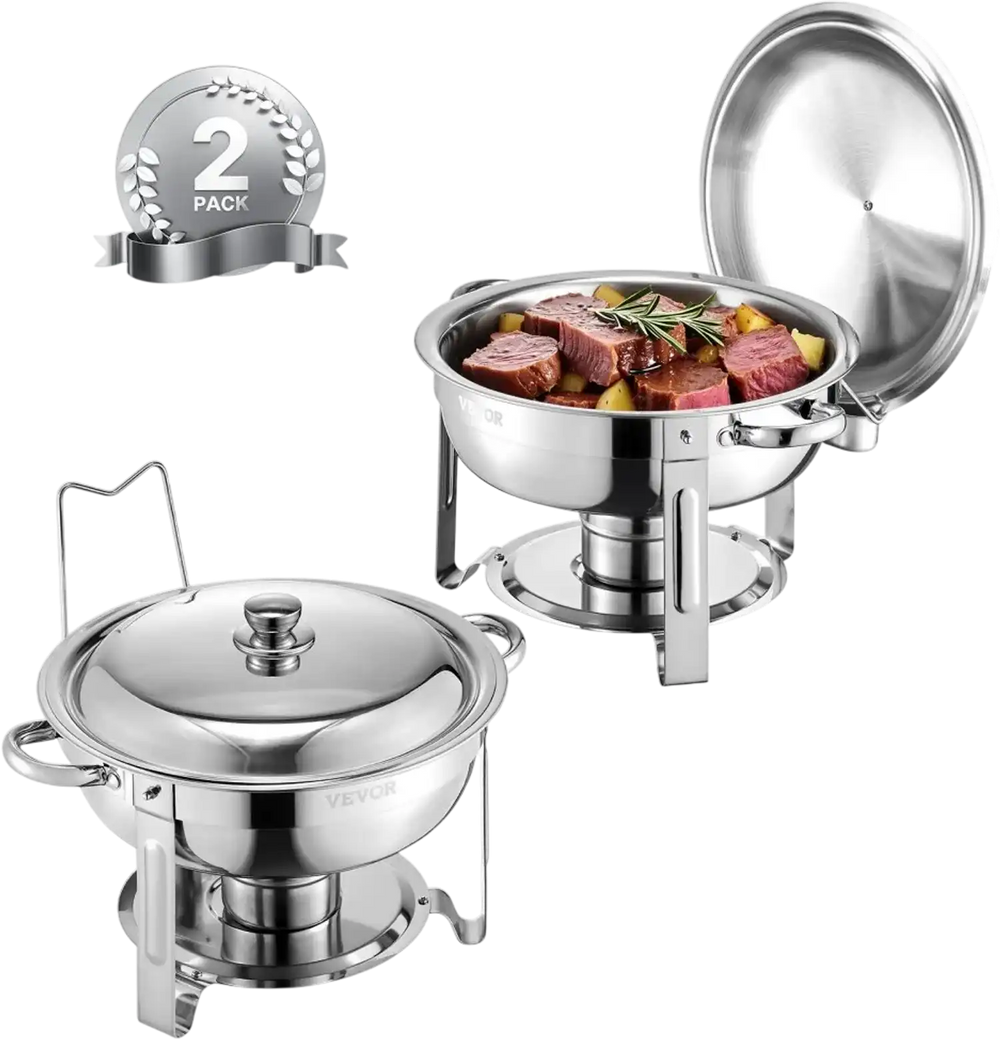 VEVOR Chafing Dish Buffet Set, 5 Qt 2 Pack, Stainless Steel Chafer with 2 Full Size Pans, Round Catering Warmer Server with Lid Water Pan Folding Stand Clip, for Weddings Parties Banquets, Silver