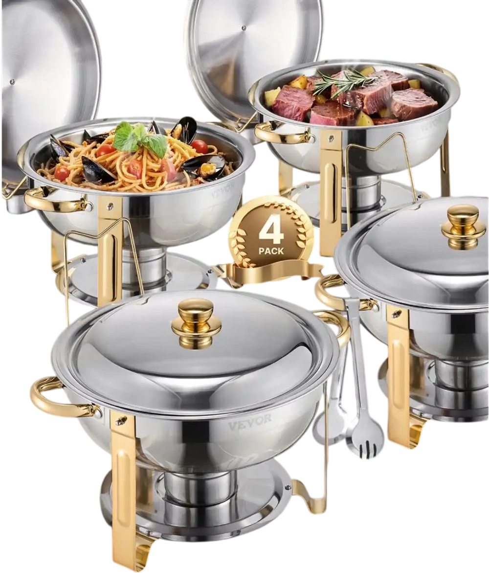 VEVOR Chafing Dish Buffet Set, 5 Qt 4 Pack, Stainless Steel Chafer with 4 Full Size Pans, Round Catering Warmer Server with Lid Water Pan Folding Stand Clip, for Weddings Parties Banquets, Gold