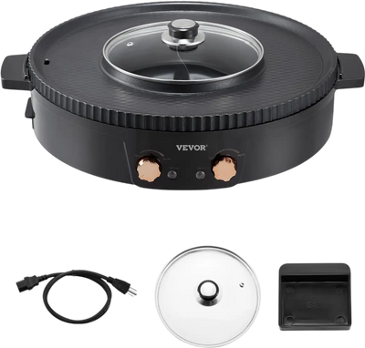 VEVOR Hot Pot with Grill, 1800W 2-in-1 Electric Smokeless Grill and Hot Pot, Korean BBQ Shabu Shabu Hotpot with Separate Dual Temperature Control, Non-stick Pan, for 2-8 People Family Dining