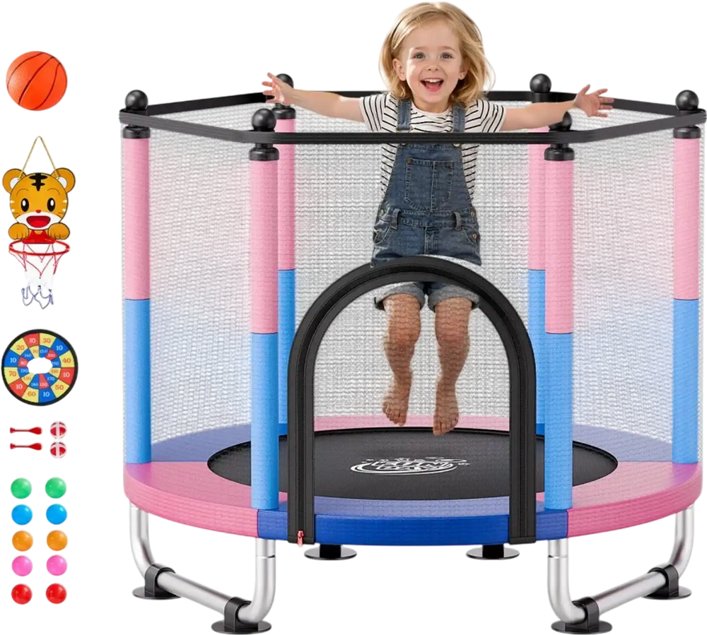 VEVOR 55" Trampoline for Kids, 4.6 FT Toddler Mini Trampoline, 132 lbs Capacity Indoor Outdoor Play Toys with Enclosure Net, Swing, and Basketball Hoop, Christmas Toys Birthday Gifts for Girls Boys