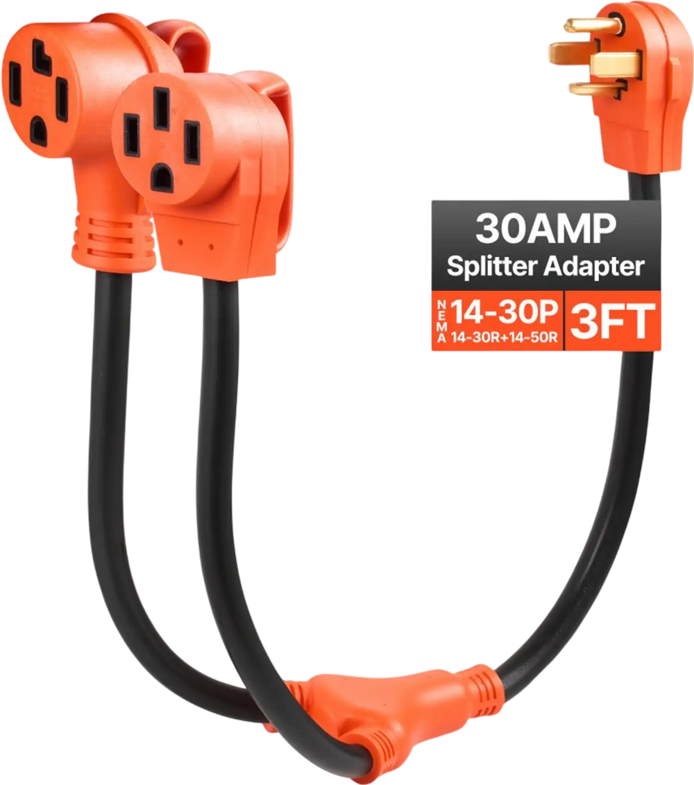 VEVOR Y Splitter Adapter, 30 Amp, 4 Prong Outlet 240 Volt Dryer to EV Charger Adapter, NEMA 14-30P to 14-30R/14-50R, with Grip Handle, Heavy Duty 10 AWG STW Wire, for EV Charger Dryer RV