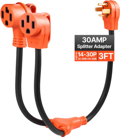 VEVOR Y Splitter Adapter, 30 Amp, 4 Prong Outlet 240 Volt Dryer to EV Charger Adapter, NEMA 14-30P to 14-30R/14-50R, with Grip Handle, Heavy Duty 10 AWG STW Wire, for EV Charger Dryer RV