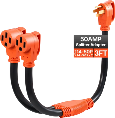 VEVOR Y Splitter Adapter Cord, 50 Amp NEMA 14-50, 4 Prong 240V Splitter for RV and EV, NEMA 14-50P to Dual 14-50R Outlets with Grip Handle, Heavy Duty 6/3+8/1 STW Wire, Outdoor RV Power Extension Cord