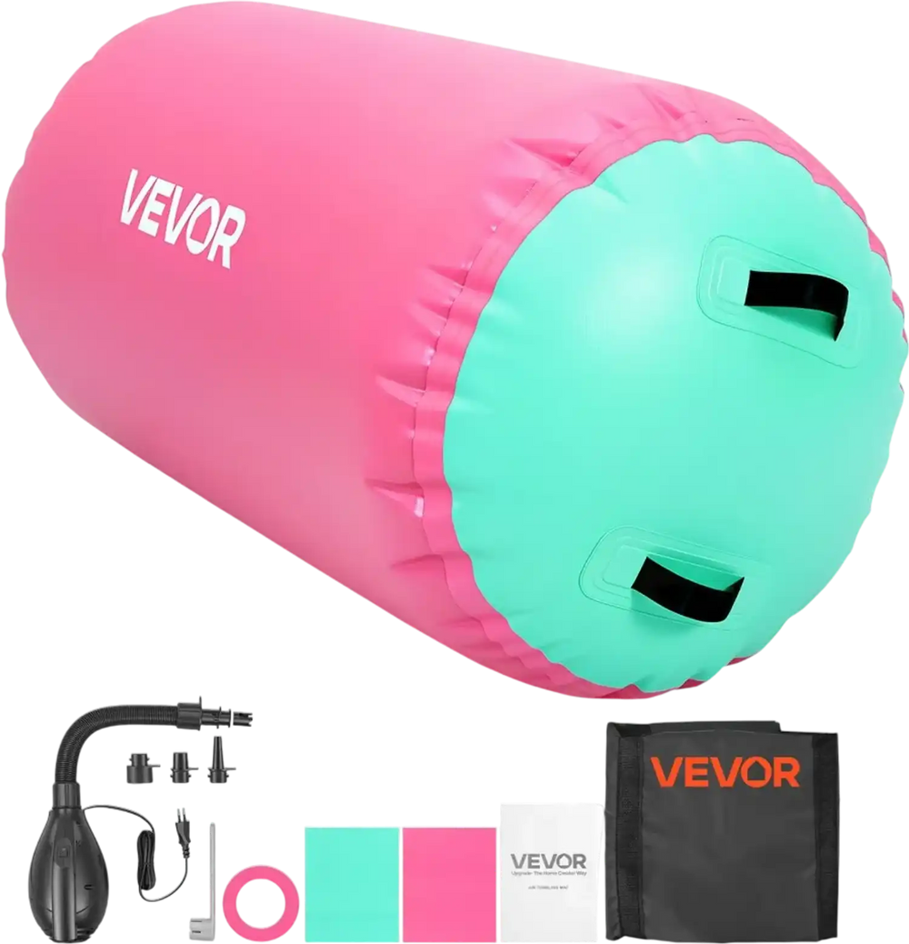 VEVOR Gymnastics Barrel Air Roller 23.6x40 in Inflatable Tumbling Air Mat, Octagon Tumbler Trainer with Electric Pump, Equipment for Back Handspring Training/Home Use/Gym/Yoga/Cheerleading, Pink