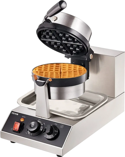 VEVOR Commercial Waffle Maker, 1 Piece per Batch, 1300W Round Waffle Iron, Non-Stick Waffle Baker Machine with 122-572℉ / 50-300℃ Temp Range Teflon-Coated Baking Pans Stainless Steel Body, 120V