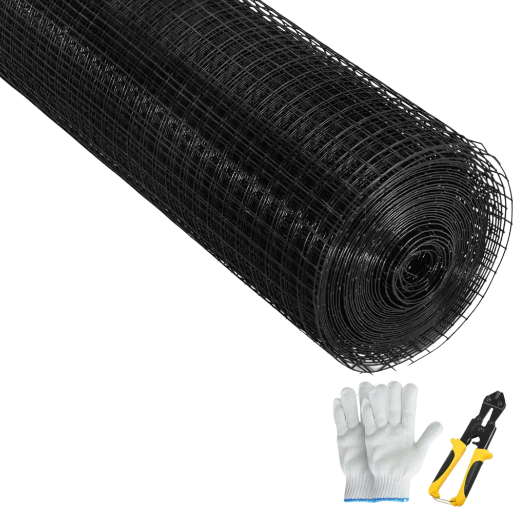 VEVOR Hardware Cloth, 24\" x50\' & 1\"x1\" Mesh Size, Galvanized Steel Vinyl Coated 16 Gauge Welded Wire with A Cutting Plier & A Pair of Fabric Gloves, for Garden Fencing & Pet Enclosures, Black