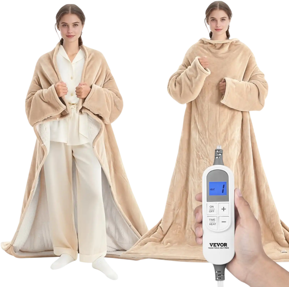 VEVOR Wearable Electric Heated Throw Blanket with Foot Pocket & Sleeves, Portable Robe Snuggie Blankets for Women, 10 Heating Levels, 12H Auto Shut-Off, Machine Washable, 50 x 70 inch, Beige