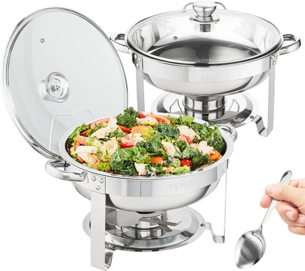VEVOR Chafing Dish Buffet Set, 4 Qt 2 Pack, Stainless Steel Chafer with 2 Full Size Pans, Round Catering Warmer Server with Vented Glass Lid Water Pan Stand Fuel Holder Hook Spoon, at Least 4 People E