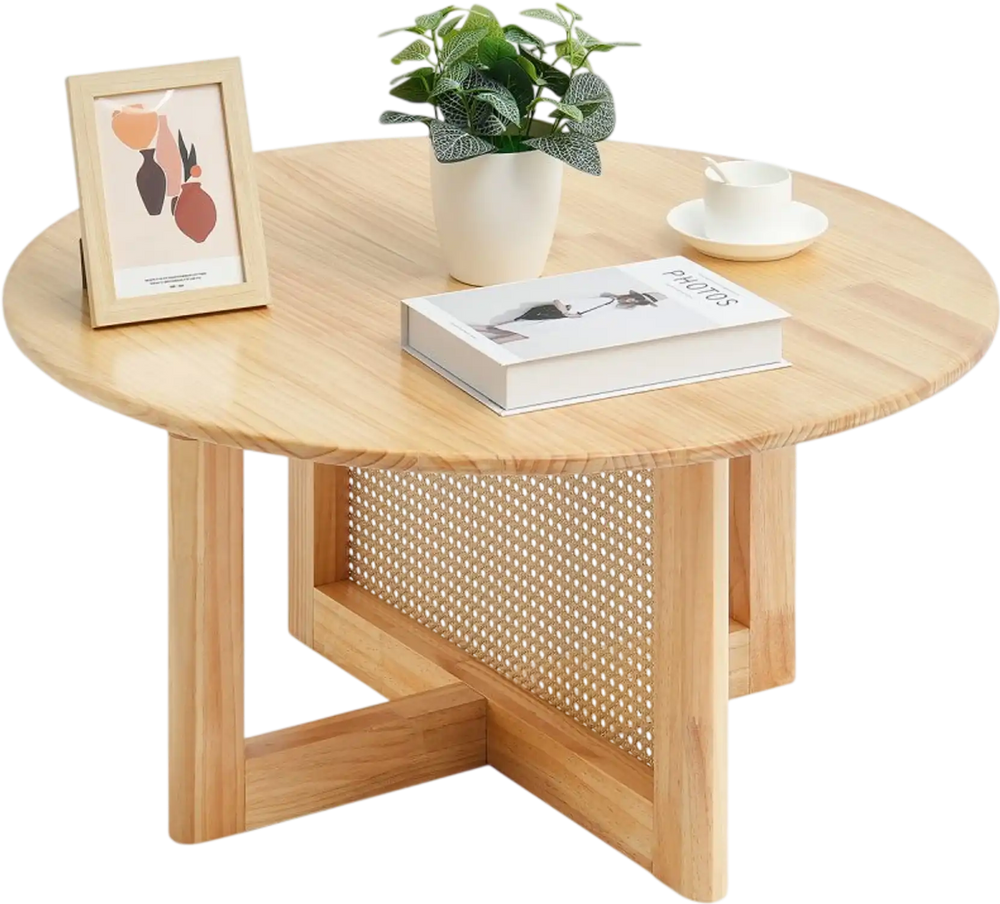 VEVOR Rattan Coffee Table, Round Rattan Woven Wood Coffee Table with Rubber Wood Top, 33 in Modern Boho Circular Storage Coffee Table with Natural Wood Legs, for Living Room, Bedroom & Small Spaces