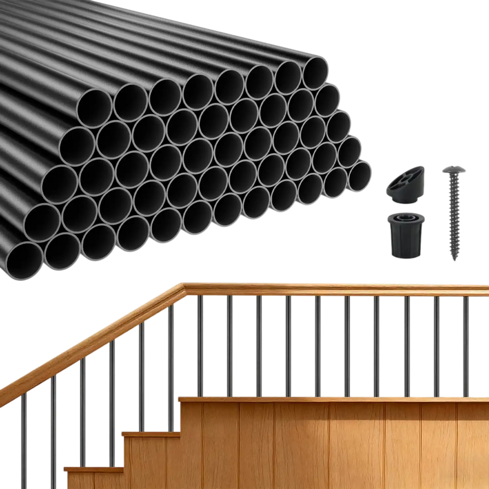 VEVOR 125 Pack Deck Balusters, 32 in Aluminum Railing Spindles, 3/4 in Diameter Hollow Round Metal Decking Stair Balusters with Connectors, Screws, for Deck, Porch & Staircase Railing Fence, Black