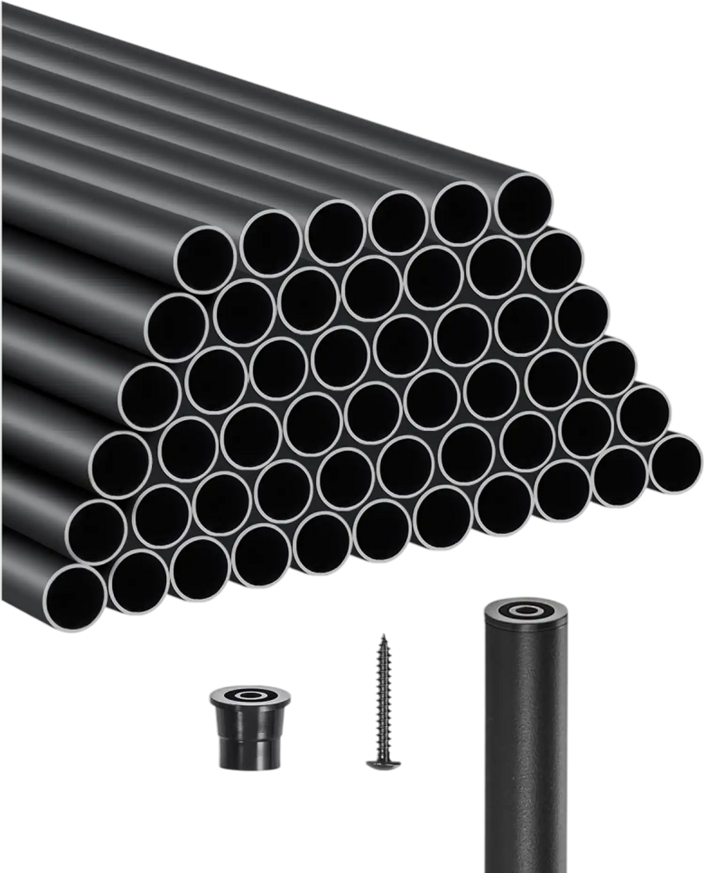 VEVOR Staircase Balusters 51 Pack, 26 In Aluminum Stair Balusters, 3/4 In Water-Proof Round Metal Spindle Railing, Hollow Deck Railing with Rail Caps & Screws for Stairs, Porch, Patio, Fence, Black