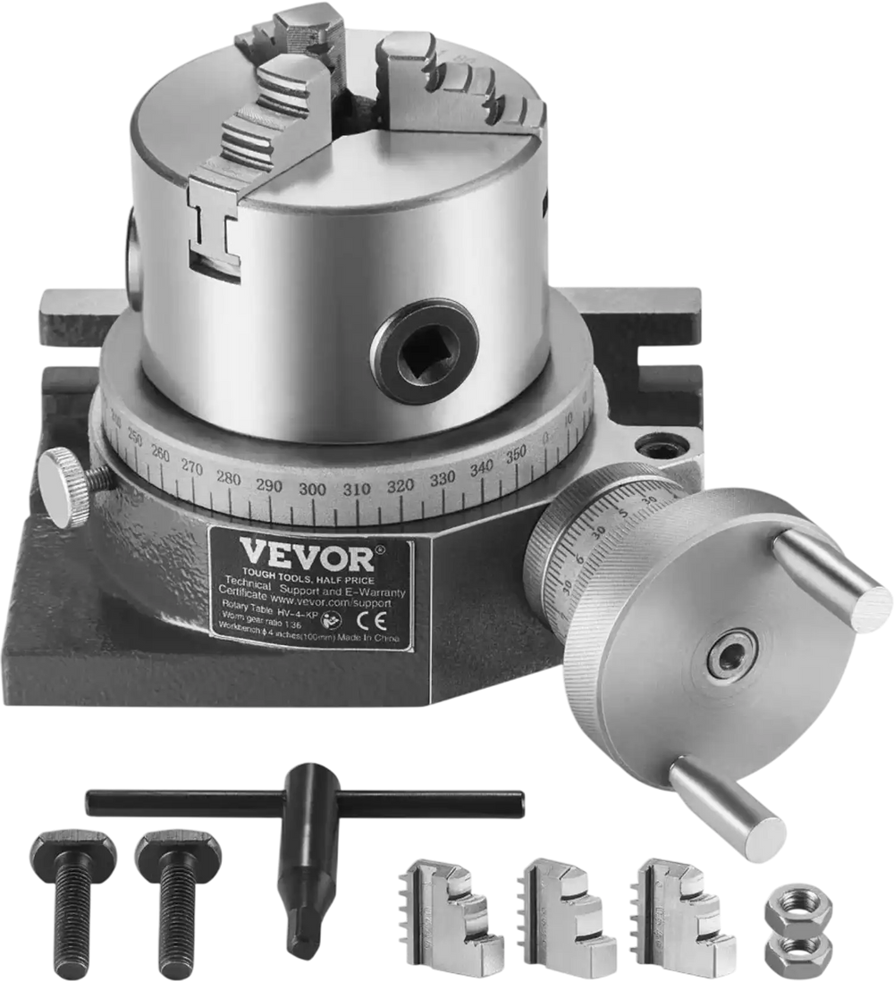 VEVOR Milling Machine Rotary Table, 4''/100 mm, Versatile Horizontal & Vertical Design, Precision Crafted, Includes 3.1''/80 mm 3-Jaw Chuck, M10 T-Bolts & Nuts, Ideal for Engineering & Indexing
