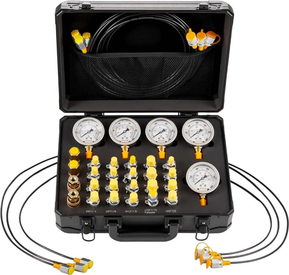 VEVOR Hydraulic Pressure Test Kit, 150/900/2300/6000/9000 PSI (10/60/160/400/600 Bar), Hydraulic Gauge Kit 5 Gauges 20 Couplings 4 Quick-Release Couplers 3 Hoses for Excavator Construction Machinery