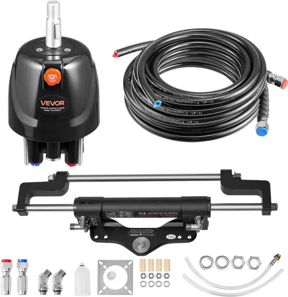 VEVOR Hydraulic Steering Kit, 200 HP, Marine Boat Hydraulic Steering System, with 6.9 MPa/1000 psi Helm Pump, Two-Way Lock Cylinder, and 26ft High-Strength Hoses, for Single Station, Single-Engine Use