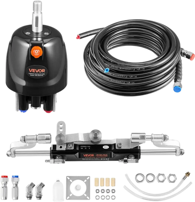 VEVOR Hydraulic Steering Kit, 300 HP, Marine Boat Hydraulic Steering System, with 6.9 MPa/1000 psi Helm Pump, Two-Way Lock Cylinder, and 26ft High-Strength Hoses, for Single Station, Single-Engine Use