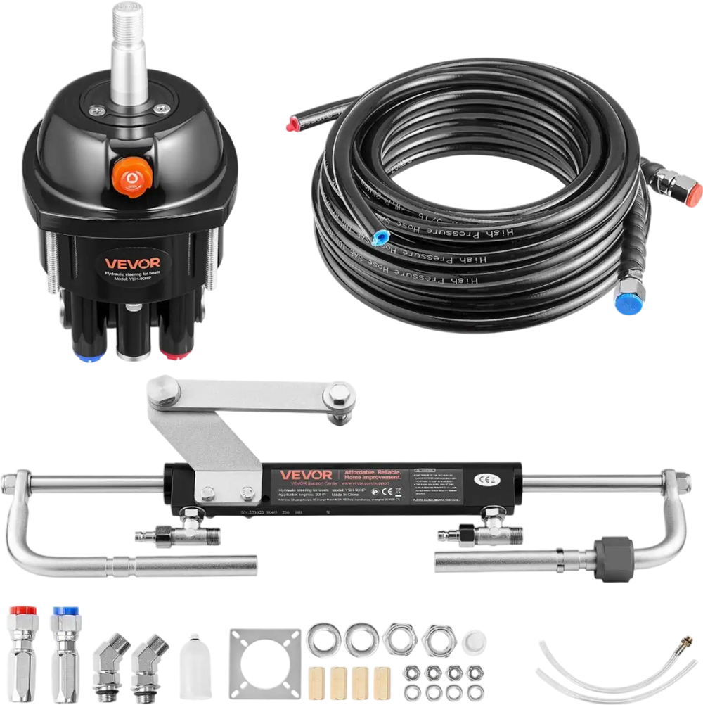 VEVOR Hydraulic Steering Kit, 90 HP, Marine Boat Hydraulic Steering System, with 6.9 MPa/1000 psi Helm Pump, Two-Way Lock Cylinder, and 24 ft High-Strength Hoses, for Single Station, Single-Engine Use