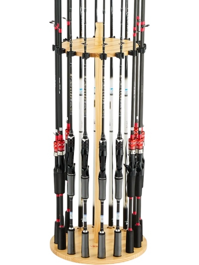 VEVOR Fishing Rod Holders for 16 Fishing Poles, Wood Round Fishing Rods Rack for Garage Organization and Storage, Floor Stand Space-Saving Equipment, for Reels Gear Accessories, Gifts for Men