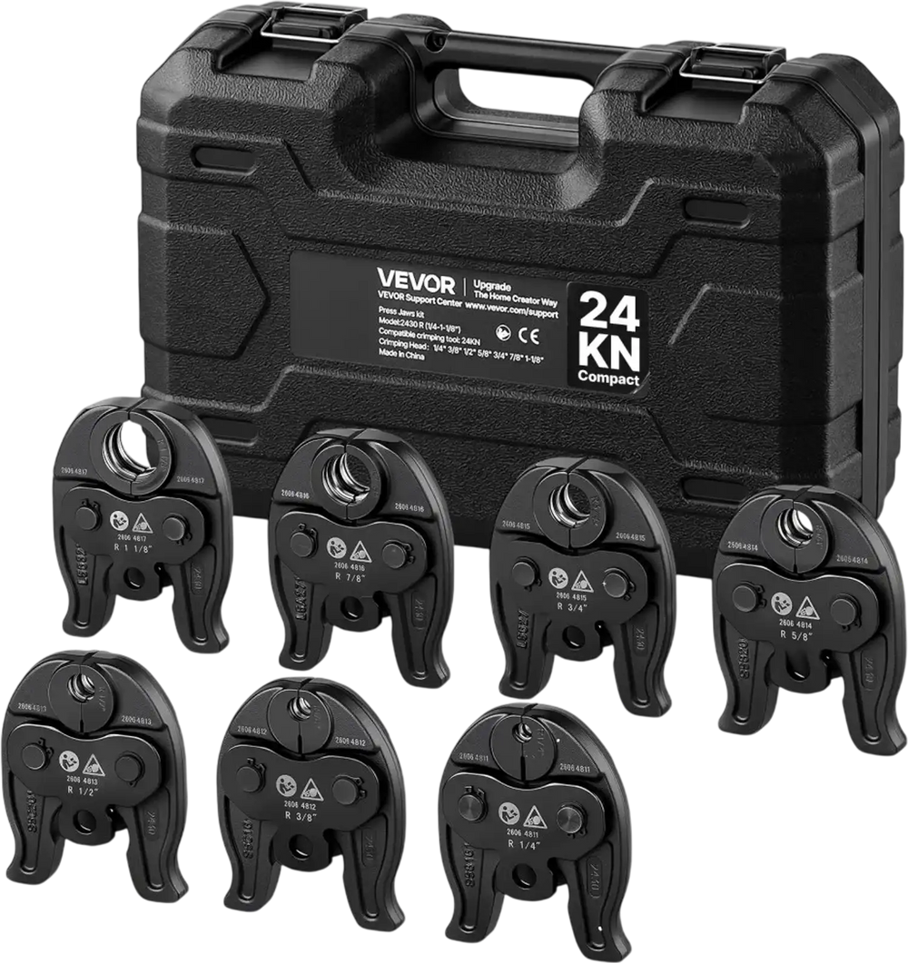 VEVOR 7PCS Pressing Jaws 1/4" to 1-1/8" - Compatible with RLS Copper Pipes, Work with 24KN Compact Series Press Tools for High Pressure HVAC/R Applications, 60 HRC Hardened Steel - with Case