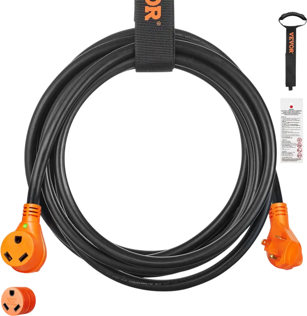 VEVOR 50 ft RV Extension Cord, 30 Amp, Heavy Duty STW RV Power Cord, NEMA TT-30R Female NEMA TT-30P Male Plug, with LED Indicator Handle 15A Adapter, for RVs, trams, generators, campers, ETL Listed