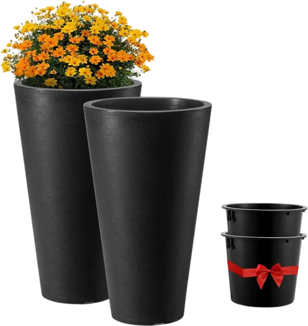 VEVOR Set of 2 Tall Planter For Outdoor Indoor Plants 24inch, Black Round Large Planters For Front Porch, Patio, Tall Taper Flower Tree Plant Pots with Modern Design and Built-in Drainage
