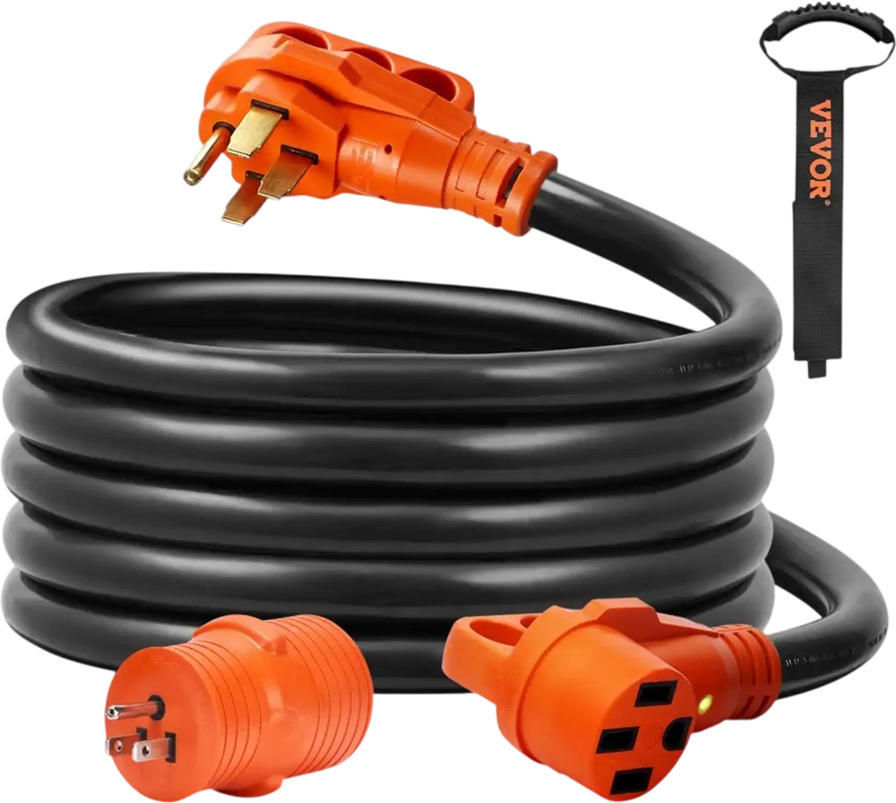 VEVOR 15 ft RV Extension Cord, 50 Amp, Heavy Duty STW RV Power Cord, NEMA 14-50R Female NEMA 14-50P Male Plug, with LED Indicator Handle 15A Adapter, for RVs, trams, generators, campers, ETL Listed