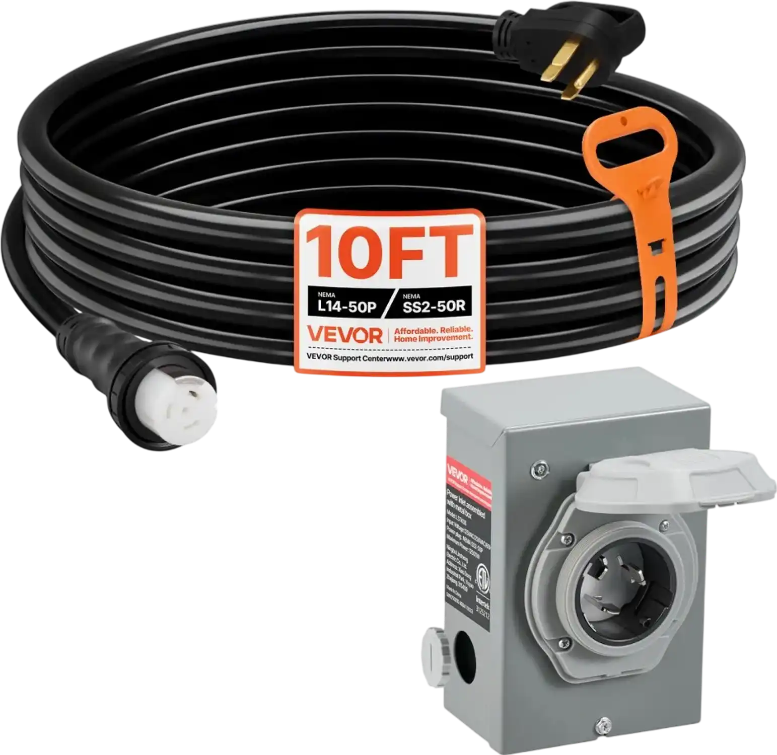 Vevor Extension Cable & Power Inlet Box 50 Amp 10' Generator Cord Kit ...