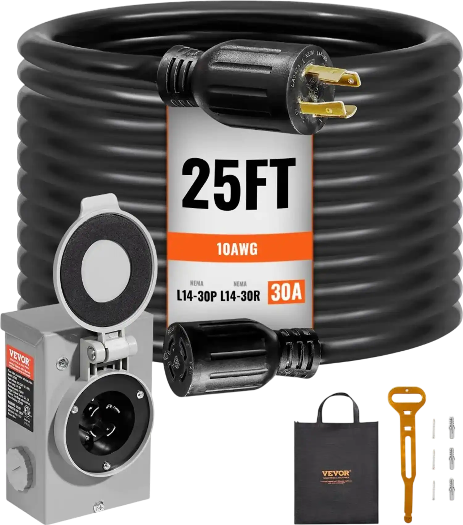 Vevor Generator Cord and Power Inlet Box Kit 30 Amp 25' NEMA L14-30P/L14-30R New