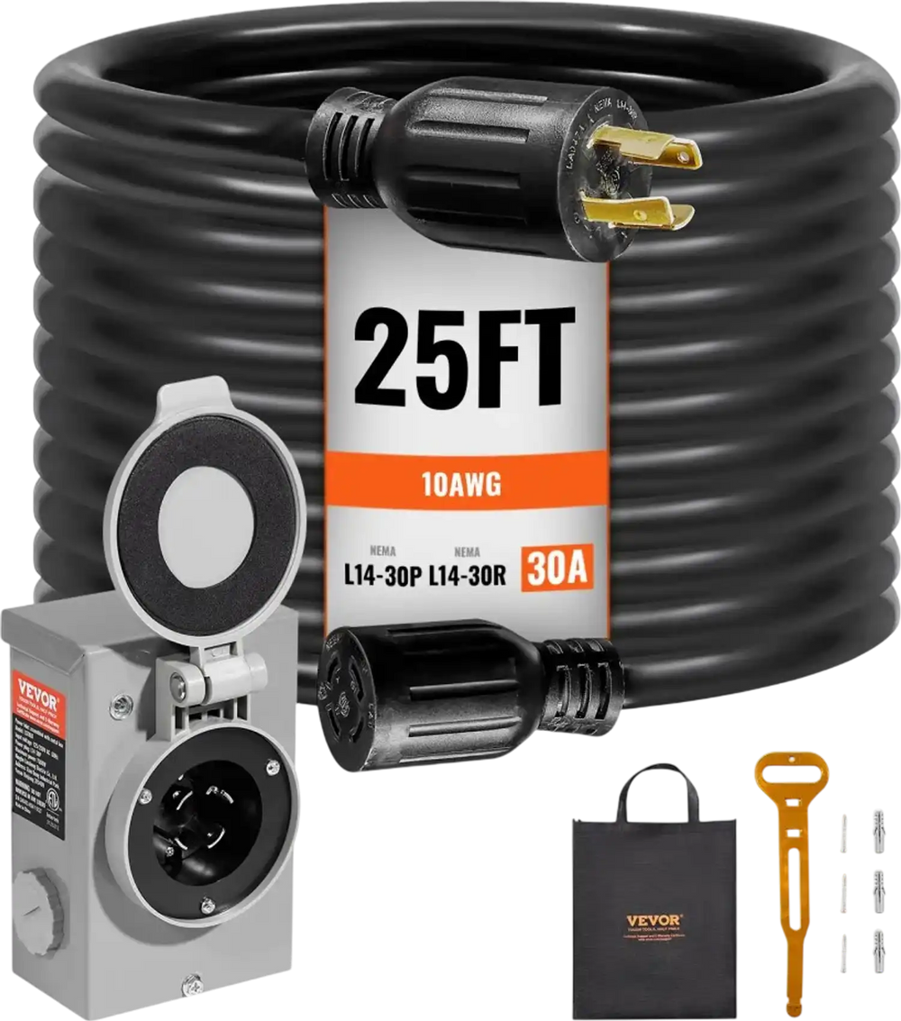 VEVOR 30 Amp Generator Cord and Power Inlet Box Kit, 25 FT, NEMA L14-30P/L14-30R STW 10 AWG Generator Power Extension Cord with Twist Lock Connector, Pre-Drilled Inlet Box for RV Outdoor, ETL Listed