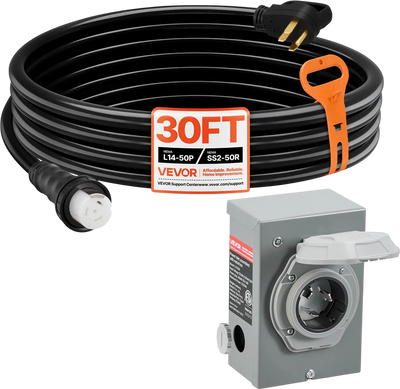 VEVOR 50 Amp Generator Cord and Power Inlet Box, 30FT, 125V/250V STW 6/3 + 8/1 AWG Extension Power Cord, NEMA 14-50P to SS2-50R, Twist Lock Connector, Inlet Box Kit, for Generator to House, ETL Listed